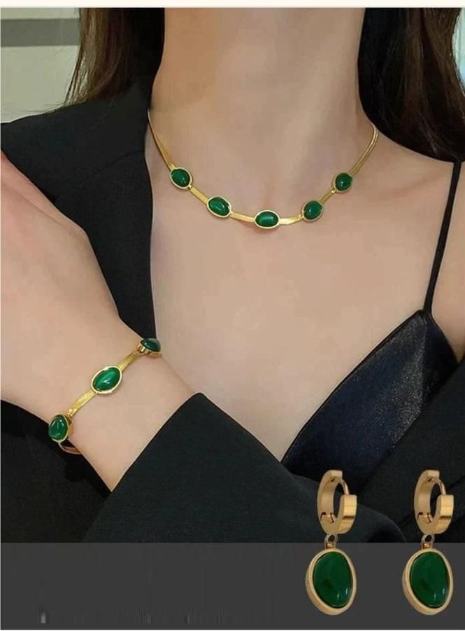 Oval Green Crystal Pendant Gold plated Necklace Set With Bracelet