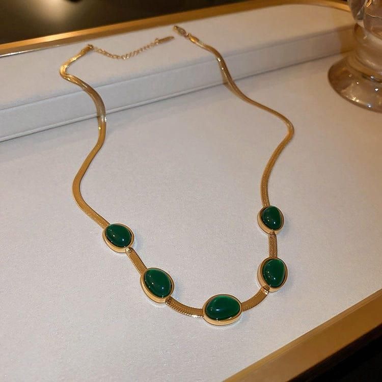 Oval Green Crystal Pendant Gold plated Necklace Set With Bracelet